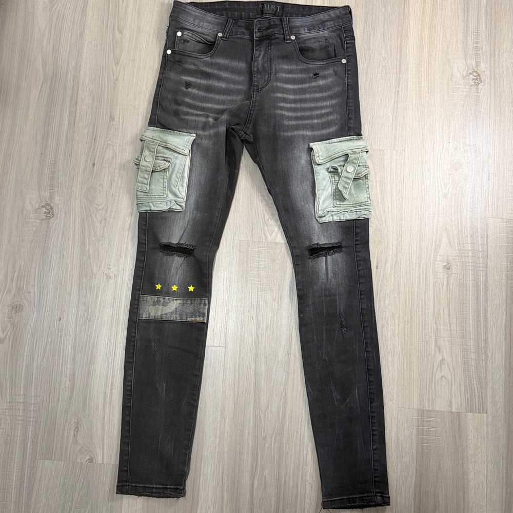 THRT Varsity Denim Cargo Jeans. Sz 32/32